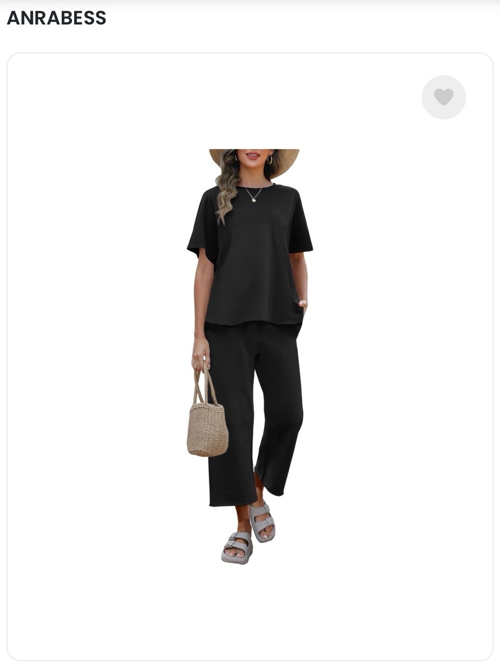 ANRABESS Black Short-Sleeve Top & Cropped Wide-Leg Pants Set